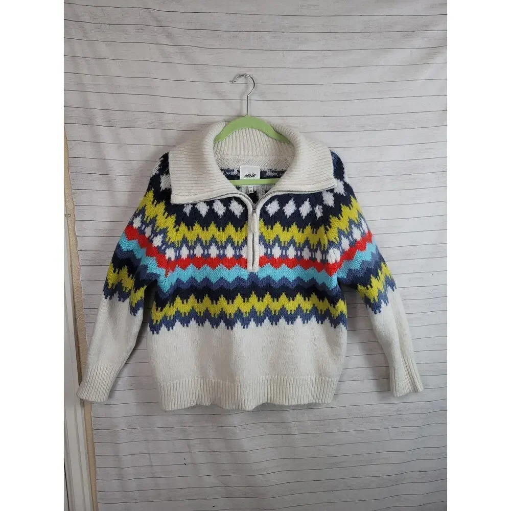 AERIE QUARTER ZIP ARGYLE SWEATER WOOL BLEND, SZ SMALL